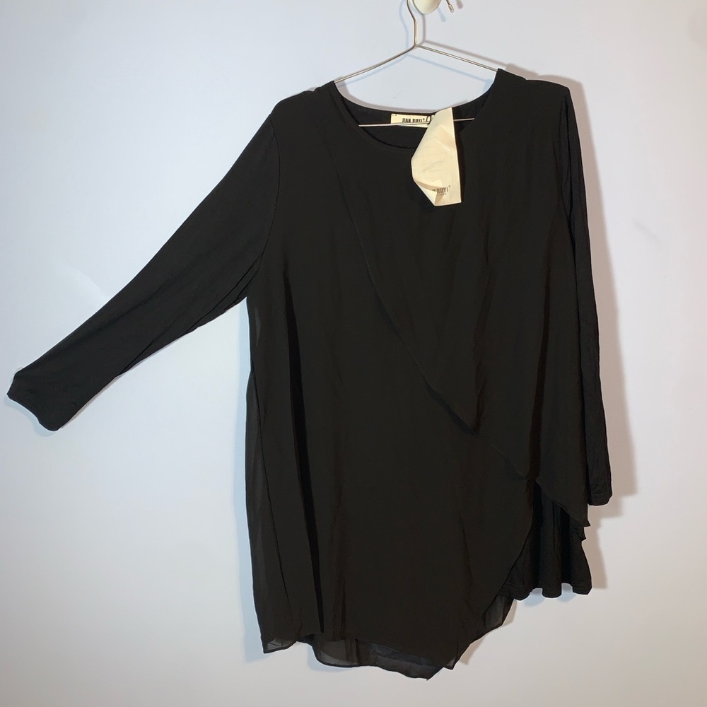 Jian Ruyi Black Asymmetrical layered blouse long sleeve Lagenlook size 3X NEW